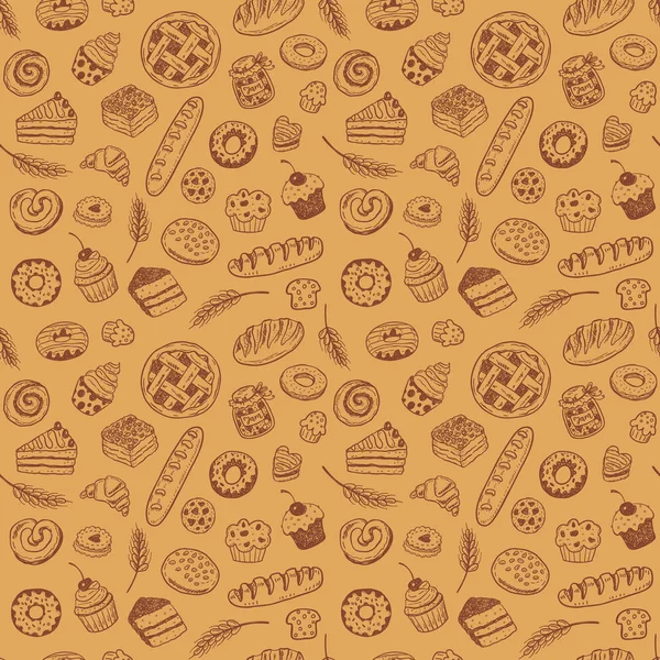 Modèle Vectoriel Sans Couture Avec Des Produits Boulangerie Pâtisseries Griffés — Image vectorielle