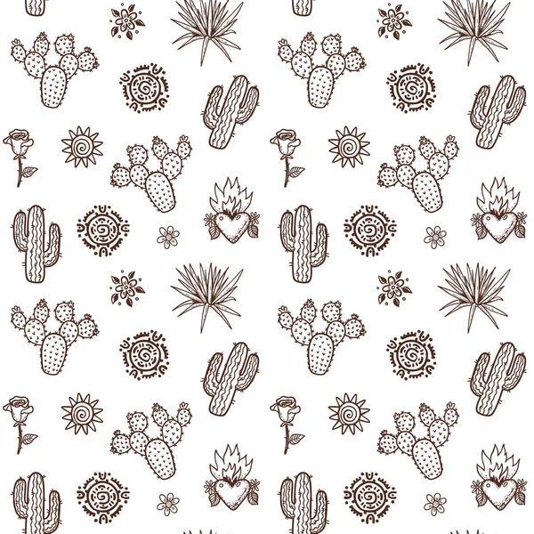 手描きのサボテンの植物 リュウゼツラン メキシコの飾りとシームレスなベクトル パターン — ストックベクタ