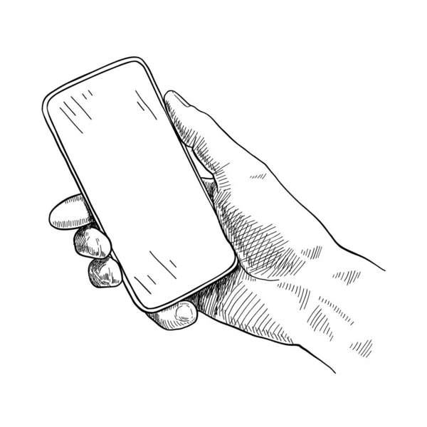 Hand Met Mobiele Telefoon Schets Vectorillustratie — Stockvector