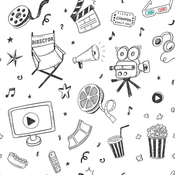 Nahtloses Muster Mit Handgezeichneten Kino Doodles Vektorillustration — Stockvektor