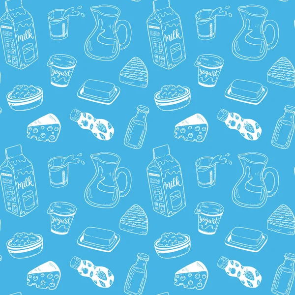 Hand Drawn Vector Seamless Pattern Sketch Dairy Products — Stock Vector