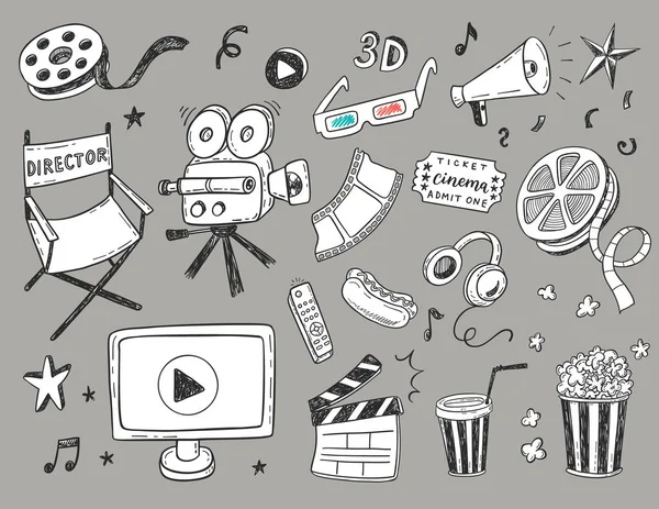 Conjunto Iconos Dibujados Mano Cinema Doodle Ilustración Vectorial — Vector de stock