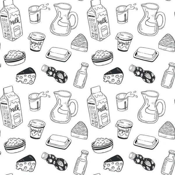 Hand Drawn Vector Seamless Pattern Sketch Dairy Products — Stock Vector