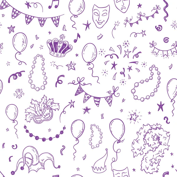 Mardi Gras Carnival Seamless Pattern Hand Drawn Doodle Masquerade Elements — Stock Vector