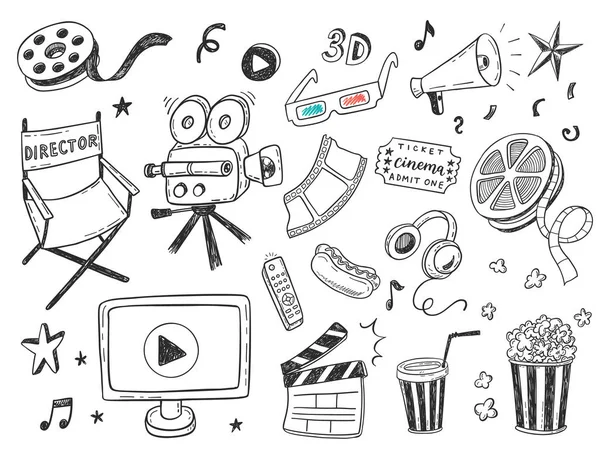 Set Icone Doodle Cinematografiche Disegnate Mano — Vettoriale Stock