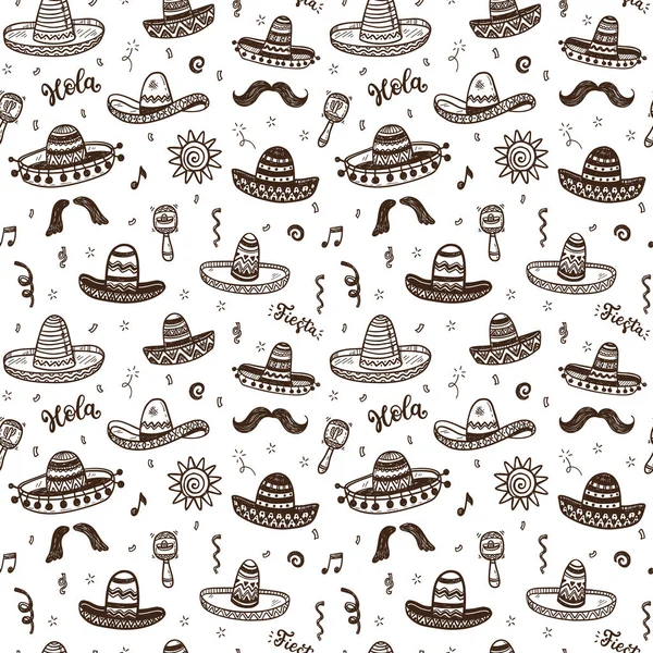 Vector Seamless Pattern Hand Drawn Doodle Mexican Sombreros Independence Day — Stock Vector