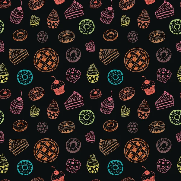 シームレス パターン手描き落書きデザート ドーナツ カップケーキ ケーキ 黒の背景上のマフィン ベクトル図 — ストックベクタ