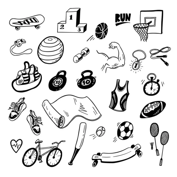 Estilo Vida Fitness Dibujado Mano Juego Iconos Garabatos Deportivos Vector — Vector de stock