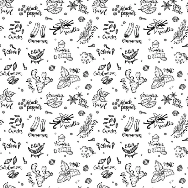 Seamless vector pattern background with hand drawn spices and herbs doodles.