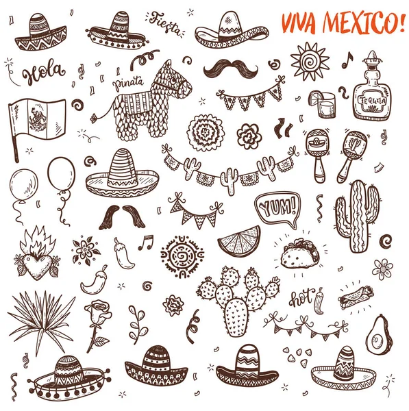 メキシコ党 独立記念日 シンコデマヨのお祝いに描かれたいたずら書きセットを渡します あなたのデザインのベクトル要素のコレクション — ストックベクタ