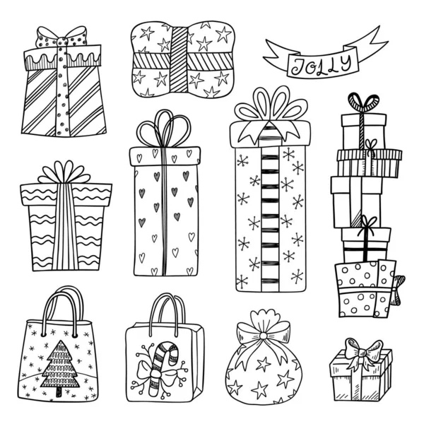 Set Hand Drawn Christmas New Year Gift Boxes — Stock Vector