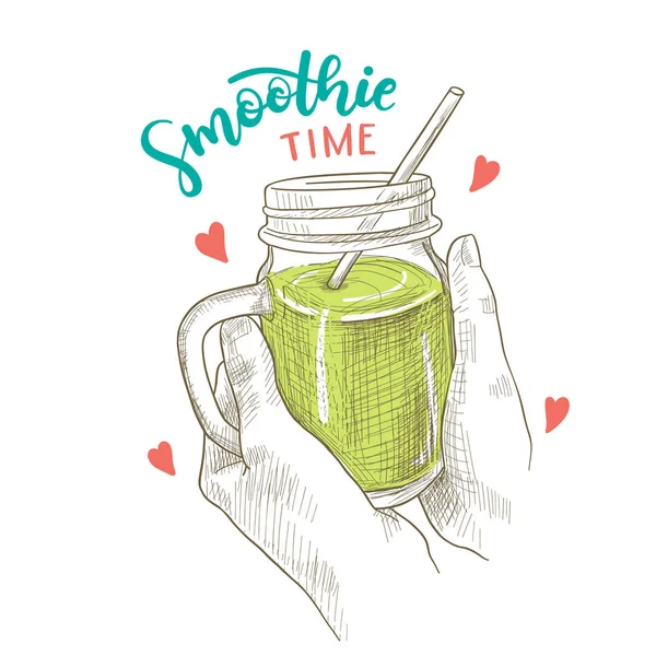 Smoothie Zeit Vektorskizze Illustration Mit Menschlichen Händen Die Detox Frucht — Stockvektor