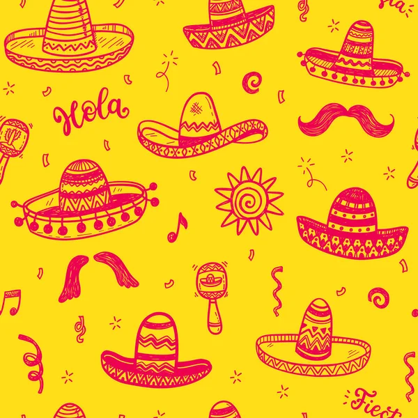 Vector Seamless Pattern Hand Drawn Doodle Mexican Sombreros Independence Day — Stock Vector