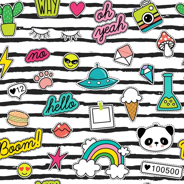 80s Fashion vector seamless pattern with pop art patches, pins, badges and stickers