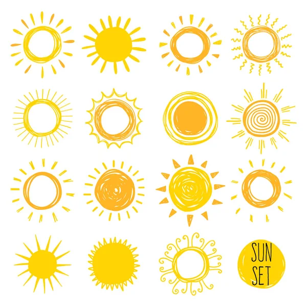 Funny Doodle Suns Hand Drawn Vector Set — Stock Vector