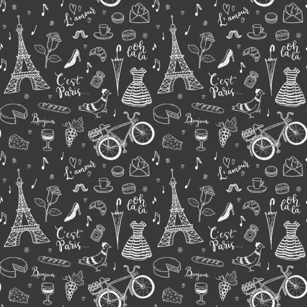 Seamless Vector Pattern Hand Drawn Paris France Symbols Doodles — Stock Vector