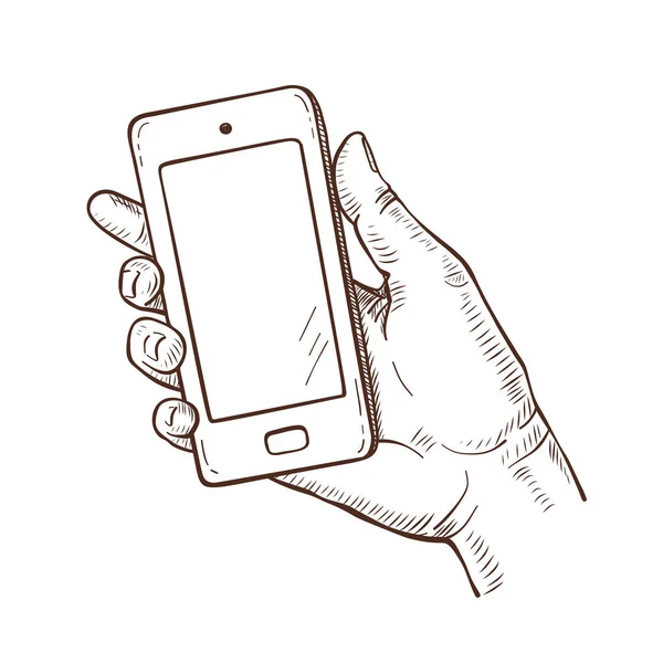 Ilustración Del Bosquejo Vectorial Del Smartphone Mano Humana — Vector de stock