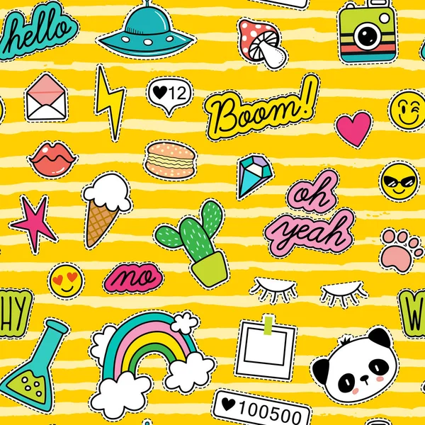 80s Fashion vector seamless pattern with pop art patches, pins, badges and stickers