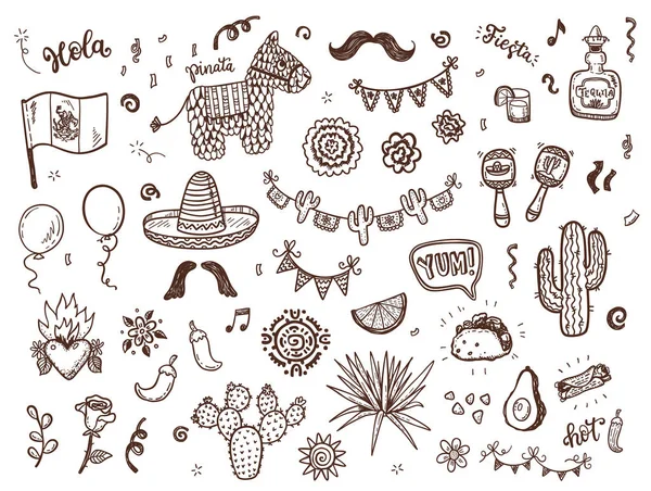 Hand Drawn Doodles Set Mexican Party Independence Day Cinco Mayo — Stock Vector