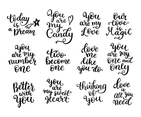 big set of black and white hand written lettering phrase about love to valentines day design. Vector illustration