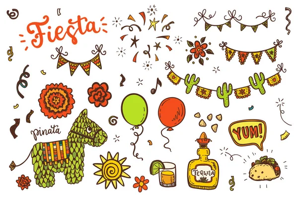 Hand Getrokken Doodle Mexicaanse Vakantie Iconen Vector Set — Stockvector