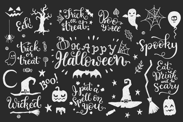 Happy Halloween graphic and lettering set. Trick or Treat, Boo, I put a spell on you and another phrases with hand drawn symbols. Vector illustration