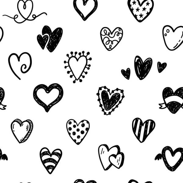 Nahtloses Vektormuster Mit Handgezeichneten Doodle Herzen Valentinstag Hochzeitsdesign — Stockvektor