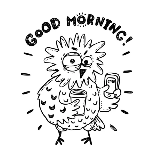 Rolig Doodle Owl Med Kaffe Inte Bra Morgon Illustration — Stock vektor