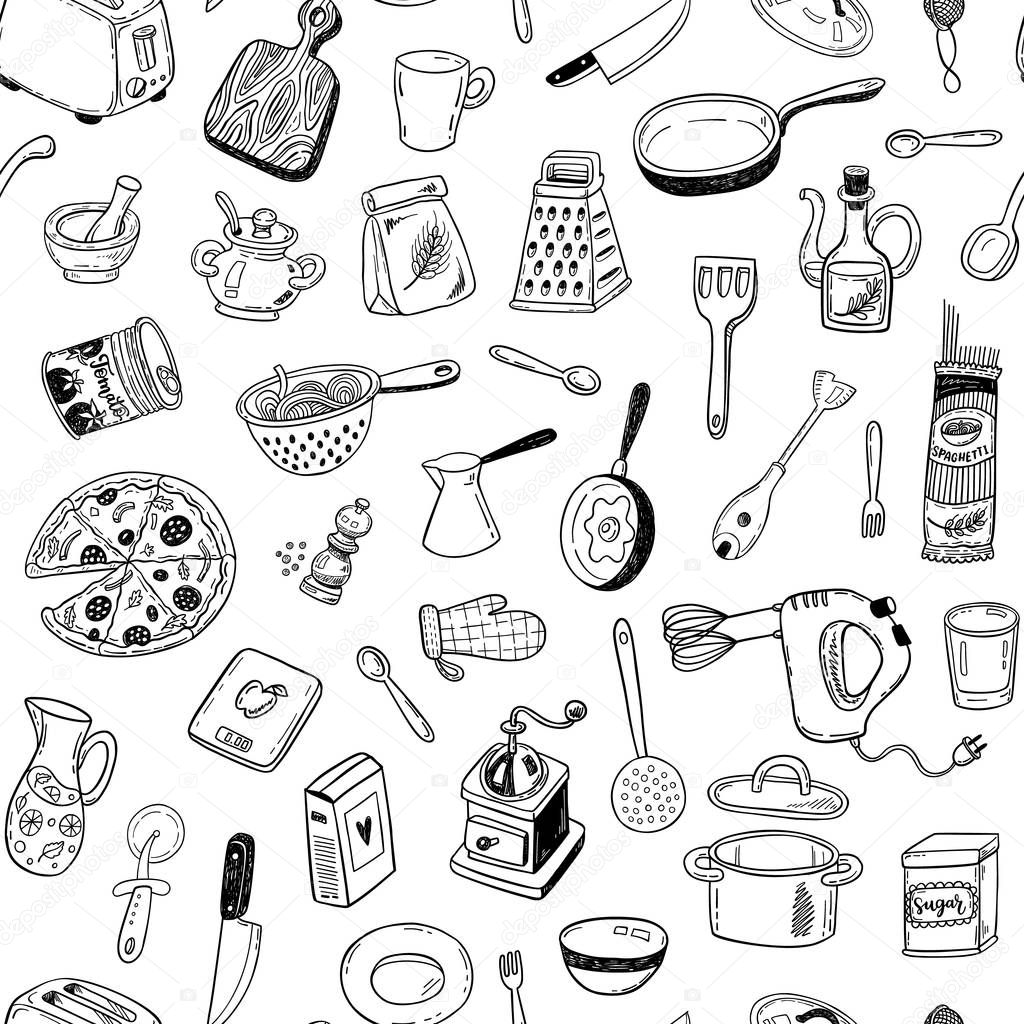 Seamless vector pattern with hand drawn sketch kitchen tools