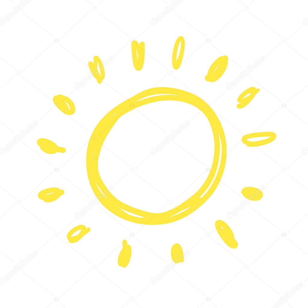 Funny doodle sun. Hand drawn vector icon.