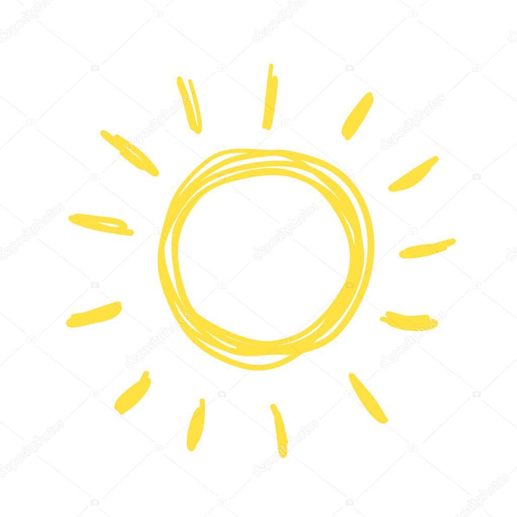 Funny doodle sun. Hand drawn vector icon.