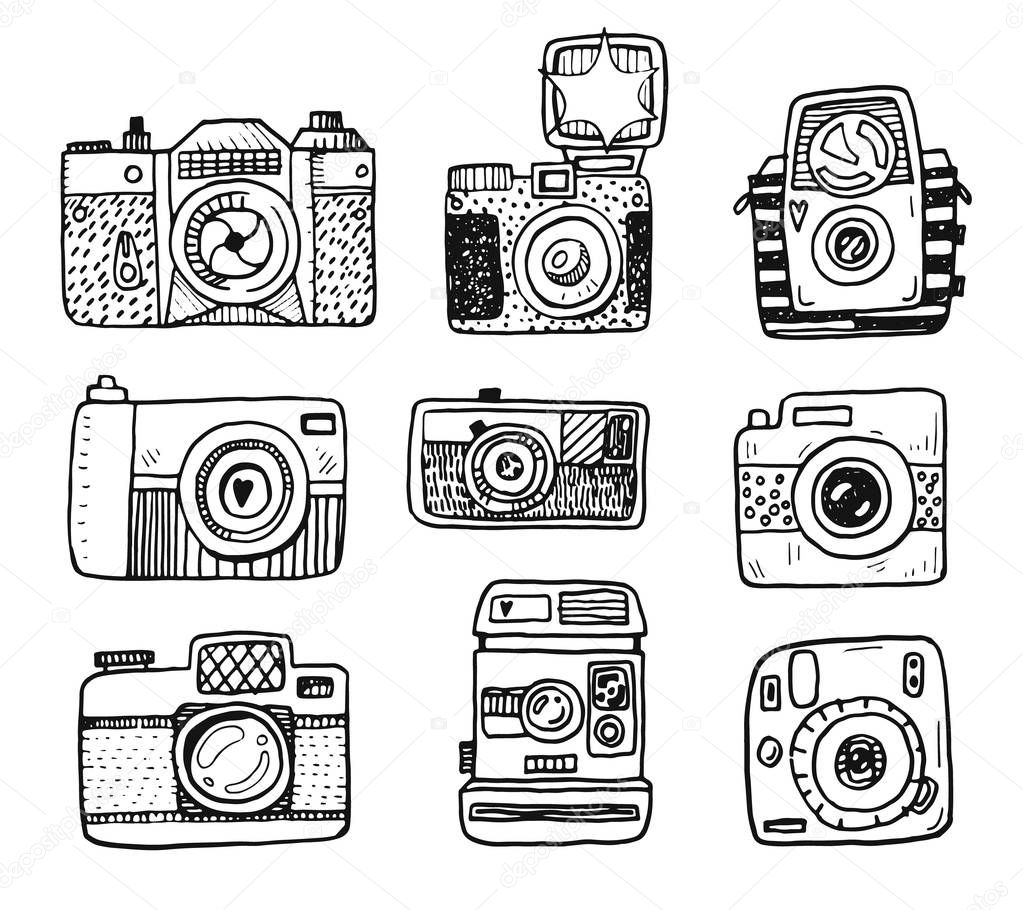 Doodle retro photo cameras seamless pattern 