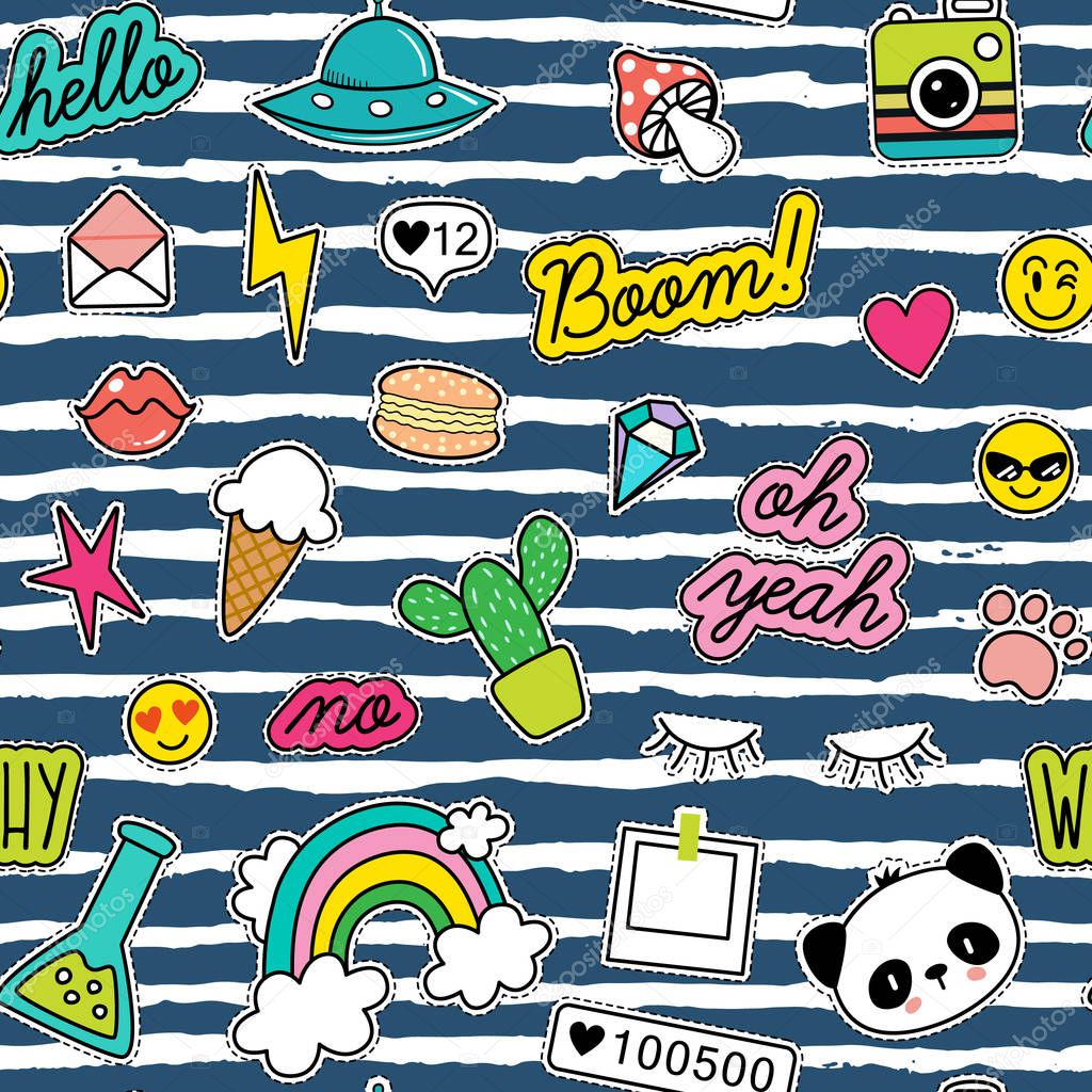 80s Fashion vector seamless pattern with pop art patches, pins, badges and stickers