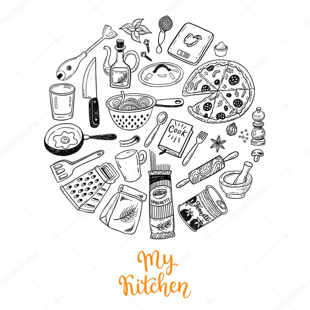Cooking doodles illustration. Kitchen decorations, can be used for design, print or poster. Vector illustration
