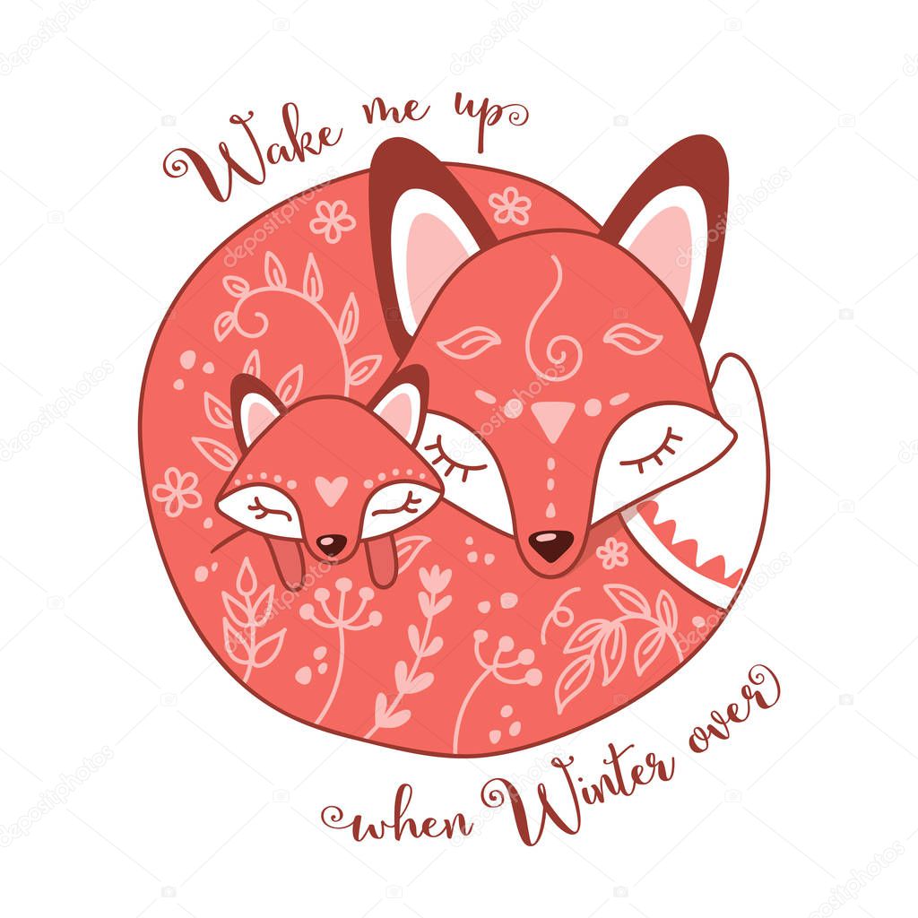 Vector illustration of two sleeping foxes, mother and child. Perfect for kids apparel, fabric, textile, nursery decoration, greeting card, t-shirt design, print or poster.