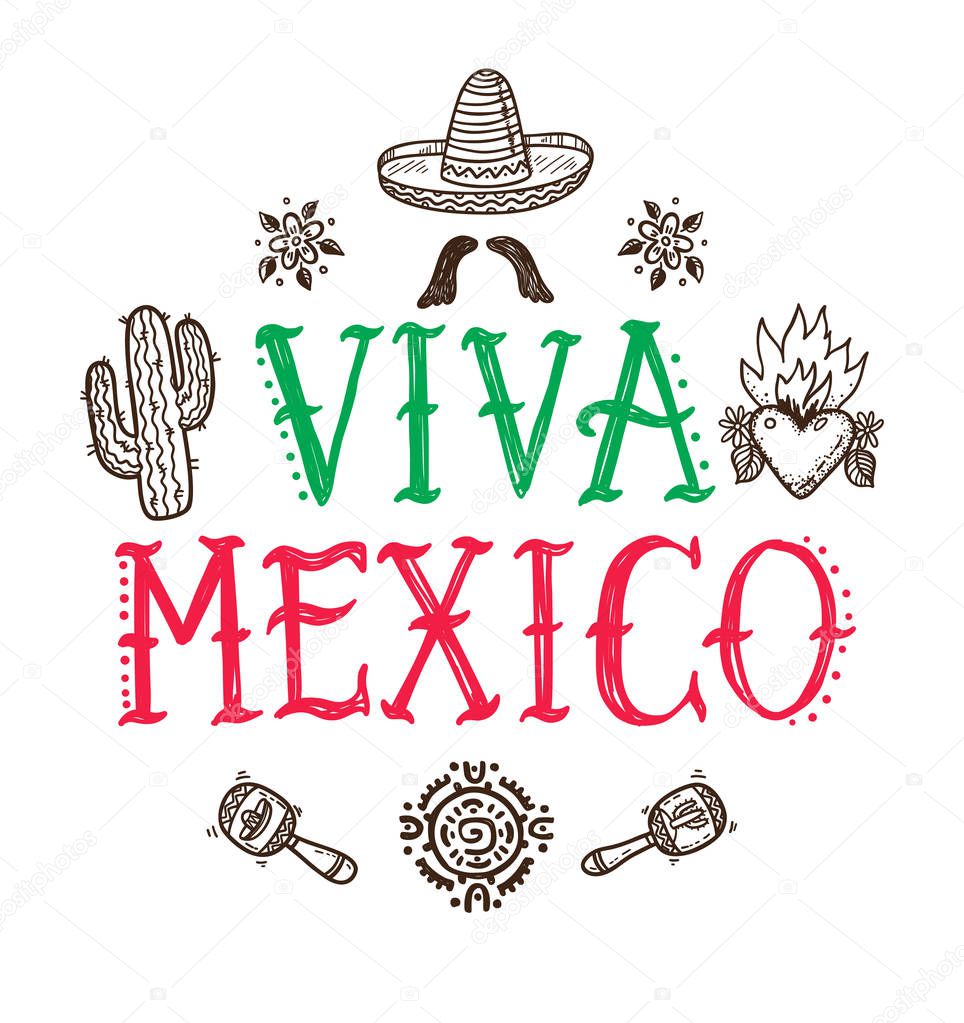 Viva Mexico greeting card with hand drawn Mexican doodle icons