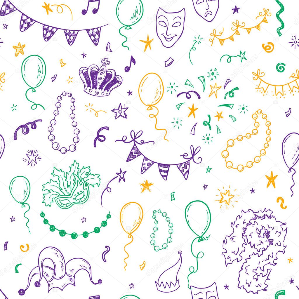 Mardi Gras carnival seamless pattern with hand drawn doodle masquerade elements. Vector illustration