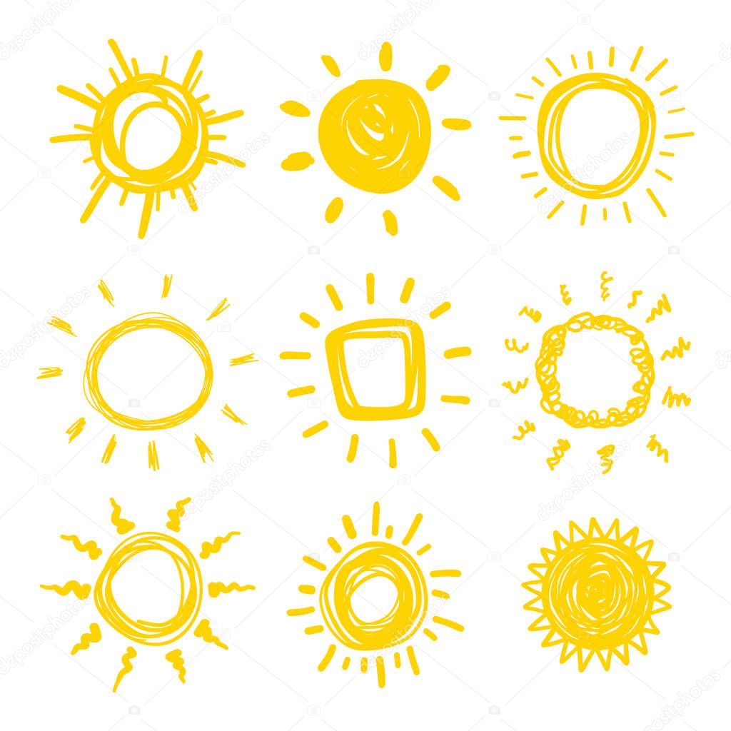 Funny doodle suns. Hand drawn vector set.