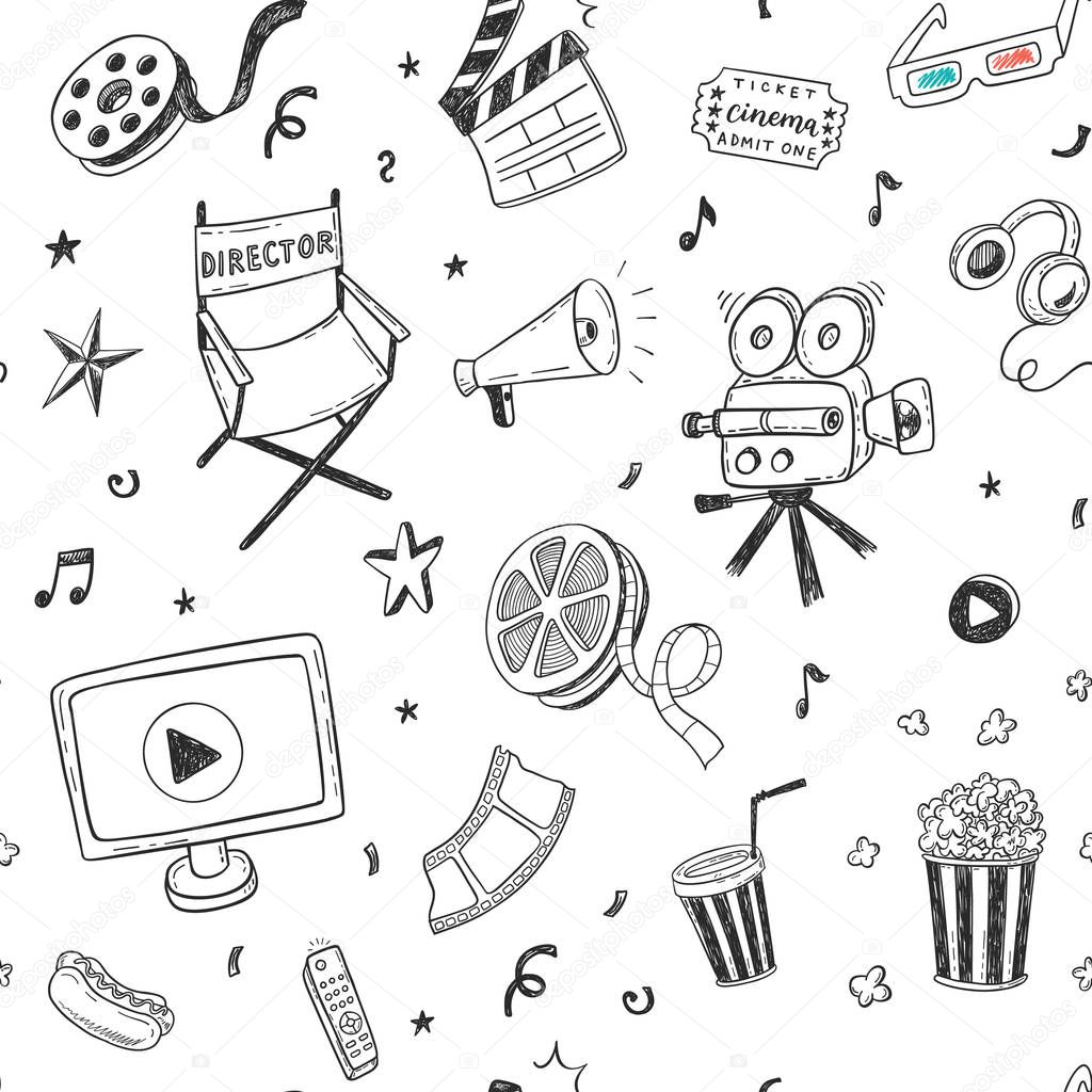 Seamless pattern with hand drawn cinema doodles. Vector illustration