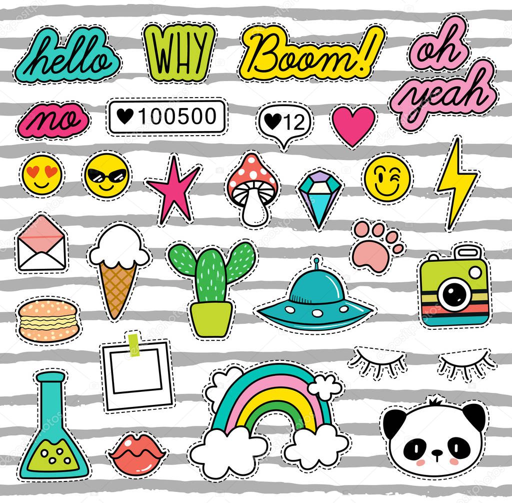 80s Fashion vector seamless pattern with pop art patches, pins, badges and stickers
