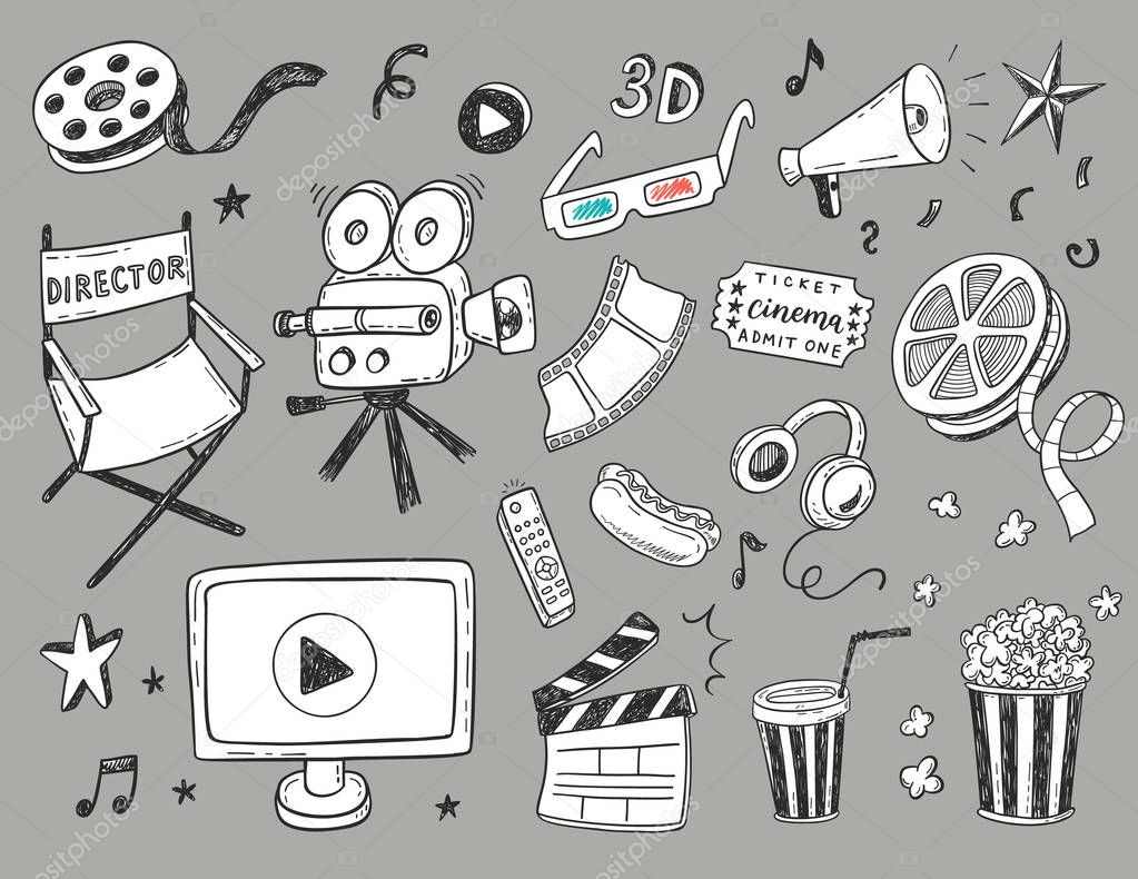 Hand drawn Cinema doodle icons set. Vector illustration