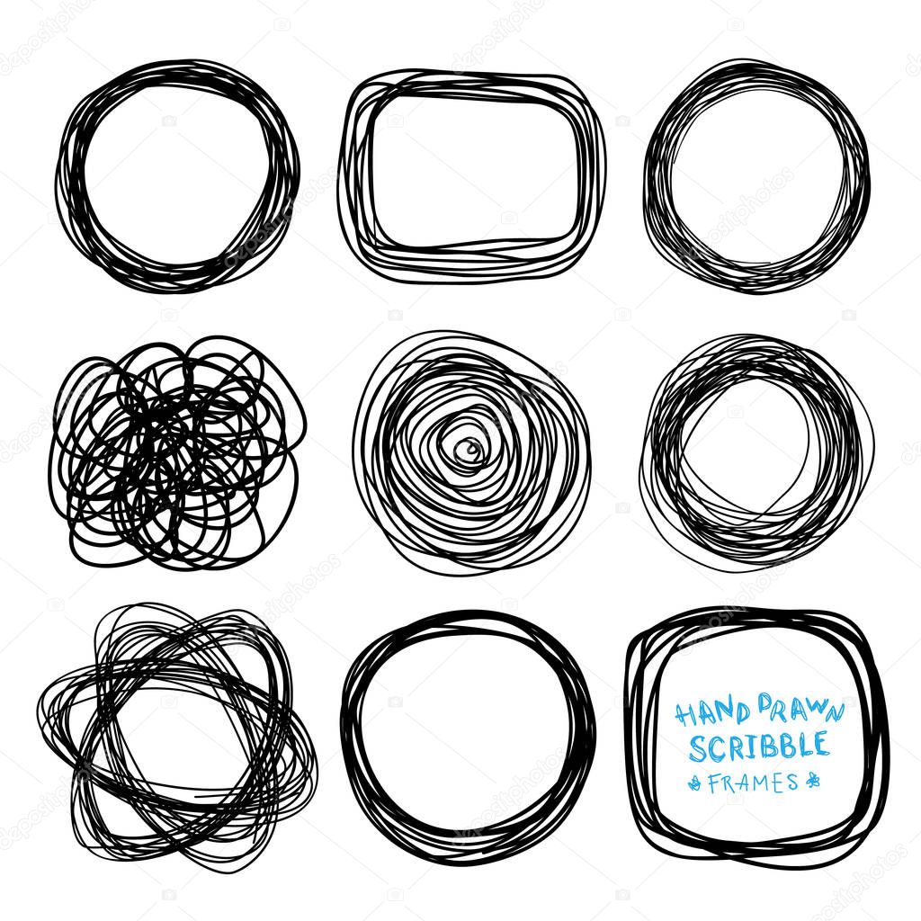 Set of hand drawn scribble frames, vector design elements collection.