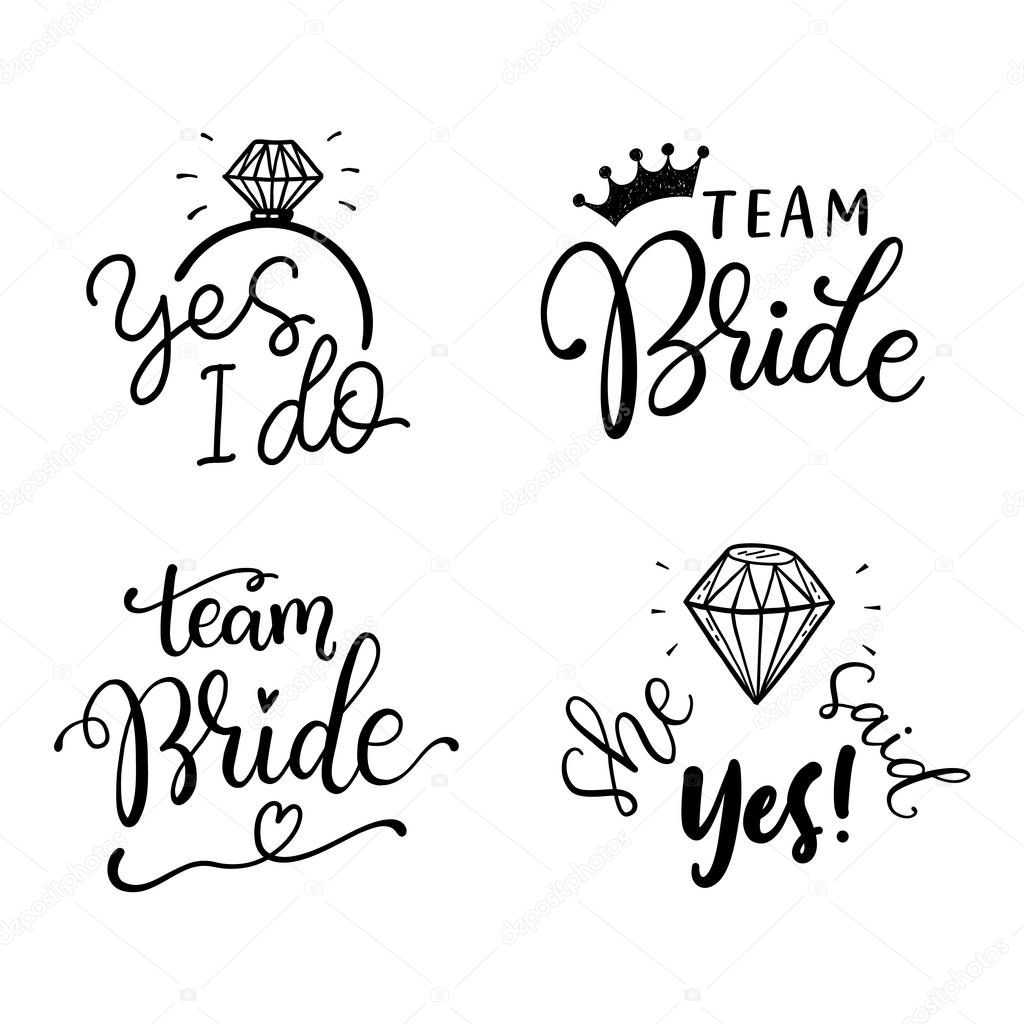 Bachelorette party, hen party or bridal shower hand written calligraphy set, greeting card, photo booth props. Vector lettering