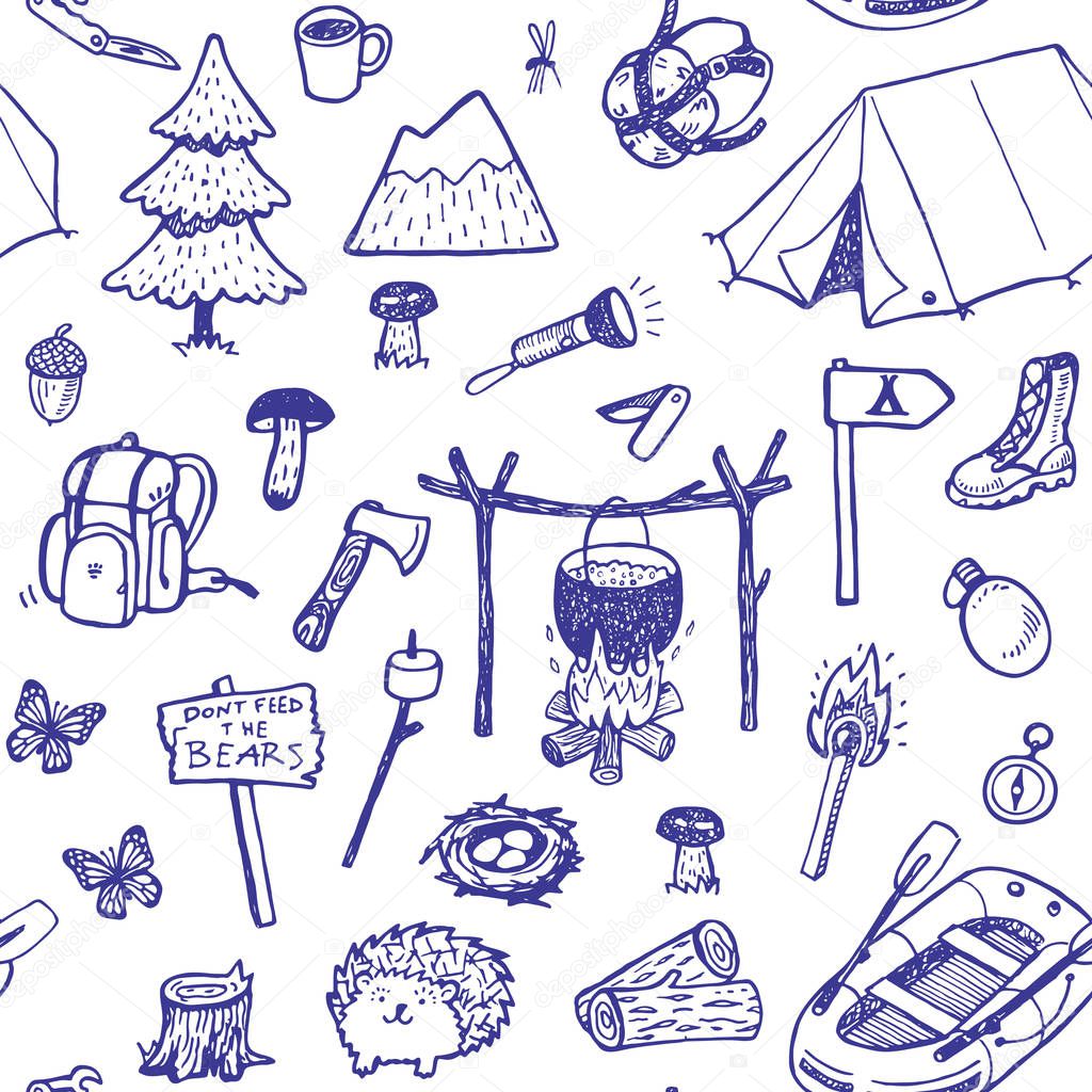 Seamless vector pattern with hand drawn doodle travel, camping equipment.