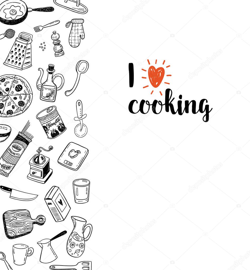Cooking doodles illustration. Kitchen decorations, can be used for design, print or poster. Vector illustration