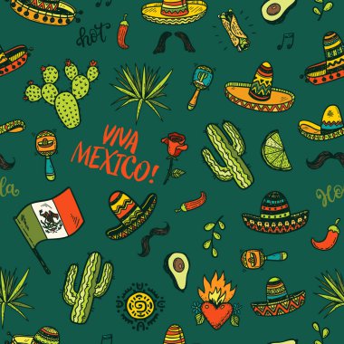 Vektör sorunsuz arka plan el ile renkli Meksika öğeleri çizilmiş. Bağımsızlık günü, Cinco de mayo kutlama, parti doodle süslemeleri tasarımınız için.