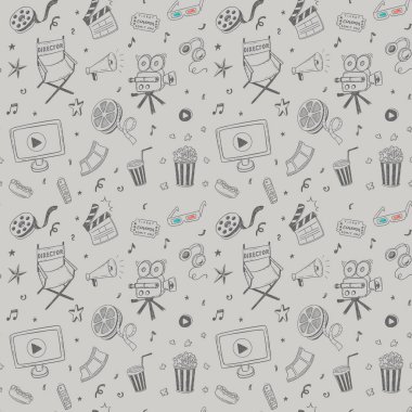 El çekilmiş sinema ile Seamless modeli doodles. Vektör çizim