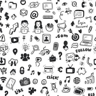 El çekilmiş sosyal medya, dijital pazarlama, Internet ağ seamless modeli. Doodle ve stil ikonları eskiz. Vektör çizim