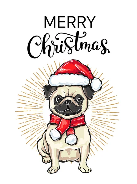 Ilustración Vectorial Pug Divertido Dibujado Mano Sombrero Navidad — Archivo Imágenes Vectoriales