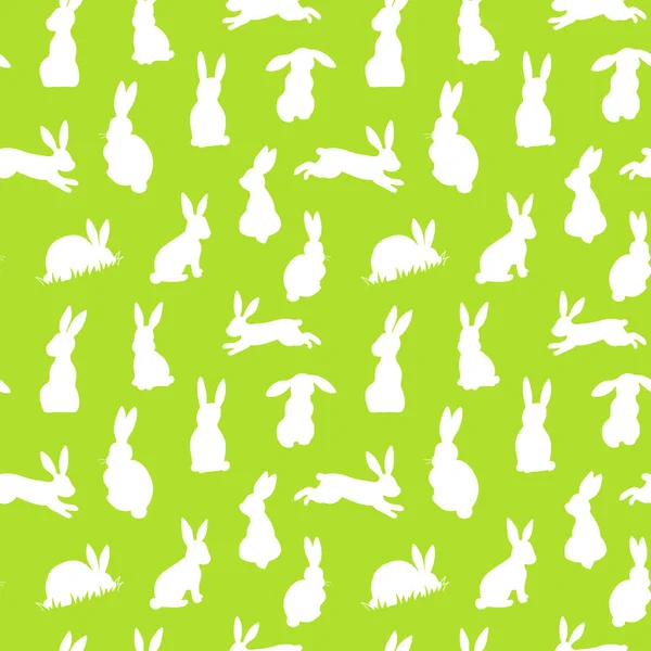带白色复活节兔子的无缝矢量背景在绿色背景上的剪影 — 图库矢量图片